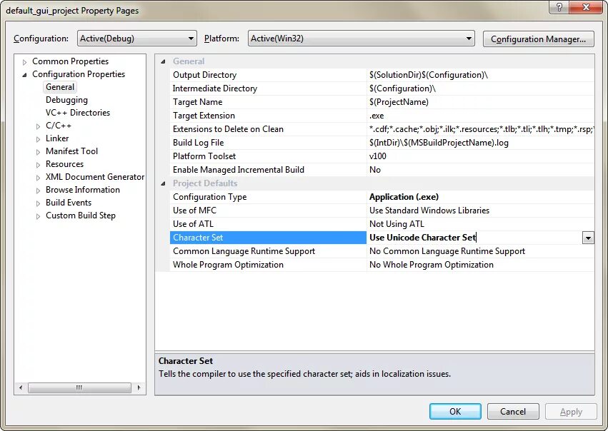 Properties common. Set или setting. Где в Visual Studio configuration properties. "Project properties" > "configuration properties" > "General" > "entry point. Как использовать юникод в Visual Studio.