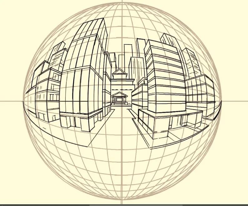 Сфера 05. 5 Point perspective Grid. Сферическая перспектива. Круглая перспектива. Город в сферической перспективе.