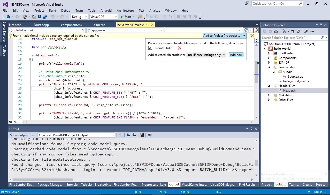Esp idf tools. Заголовочные файлы в c++. esp32 projects. visualgdb debug. создать заголовочный файл в visual studio.
