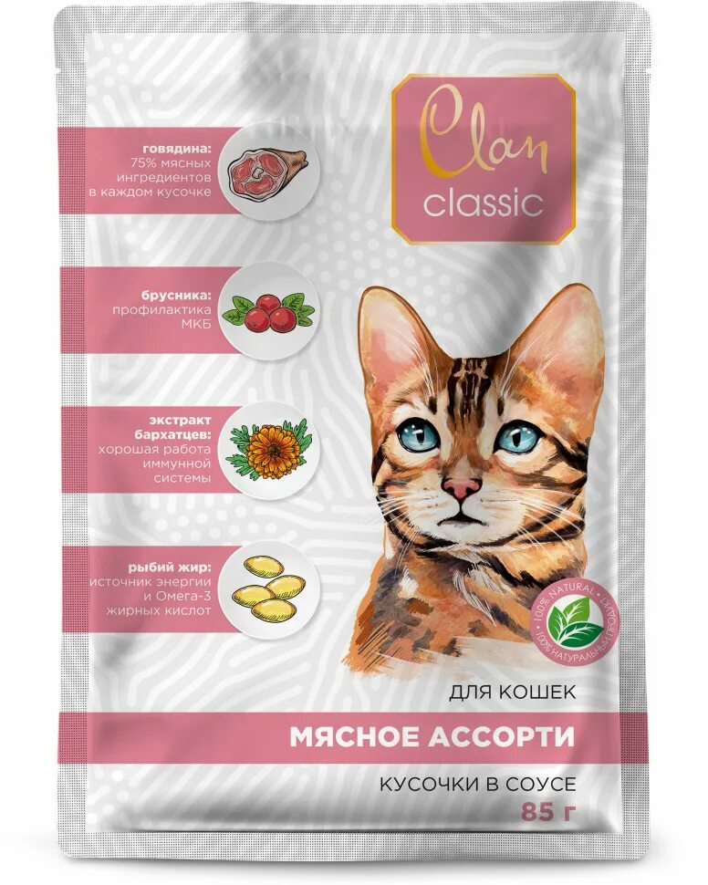 Корм clan classic для кошек. Clan Classic корм для кошек. Clan Classic влажный корм для кошек. Кусочки в соусе для кошек. Проплан паучи.