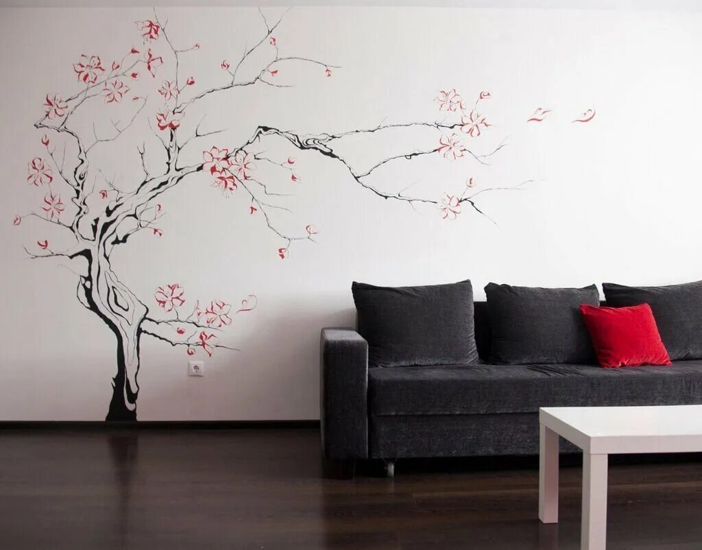 Сакура дизайн. Ветка Сакуры на стене. Дизайнерская роспись стен. Рисунок на стене в гостиной. Роспись стен в интерьере.