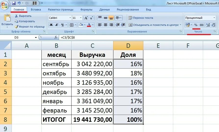 Вычисление долей