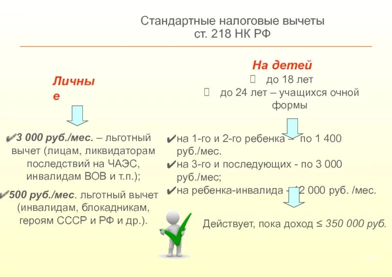 Вычет на инвалида 2 группы. Стандартные налоговые вычеты ст 218 НК РФ. Налоговые вычеты для инвалида 2 группы ЧАЭС. Налоговый вычет за инвалидность второй группы ЧАЭС. Ст.218 «стандартные налоговые вычеты» расчет.