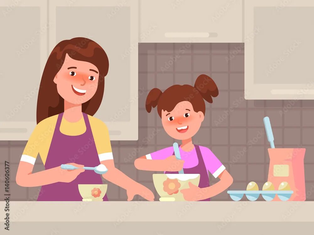 Семья готовит на кухне. Мама на кухне с телефонами. Мама с дочкой готовят. Мама и дочь готовят вместе. Мама и дочка на кухне иллюстрации.