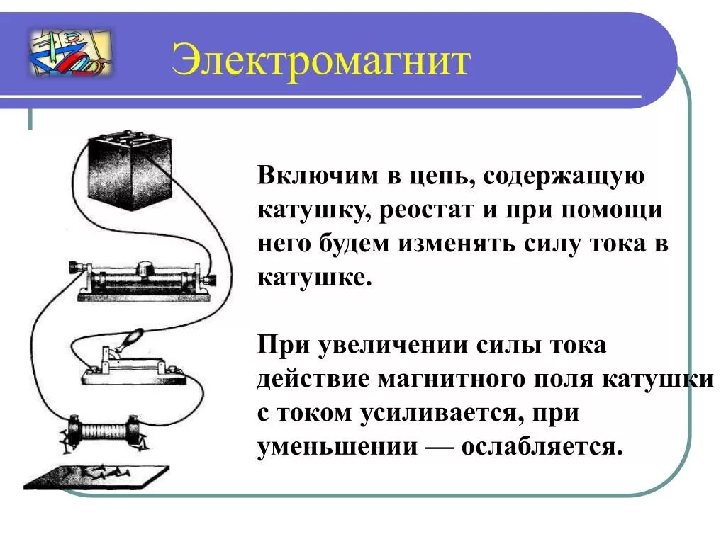 Магнитное действие тока рисунок схема. Электромагнит, поле катушки с током.. Электрическая цепь электромагнита. Электромагнит 8 класс. Электромагнит с реостатом.