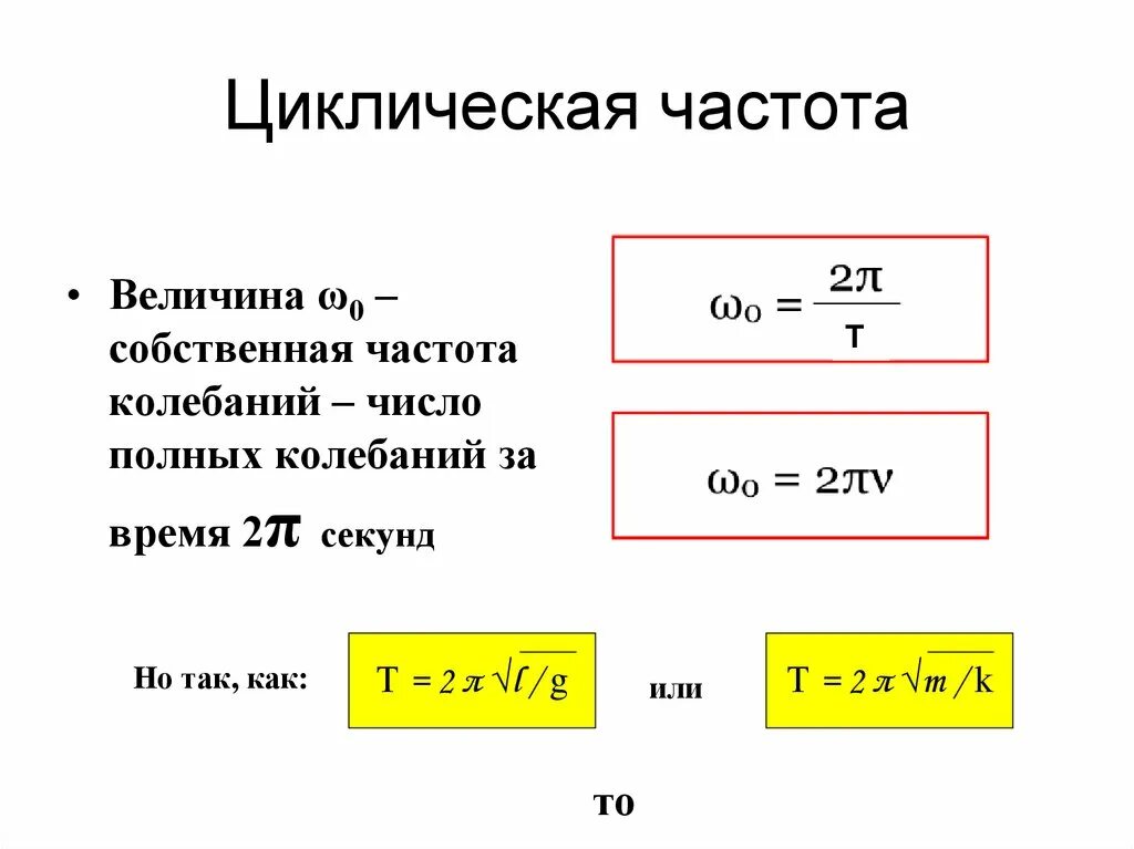 Частота в физике обозначение. Круговая частота колебаний формула. Формула циклической частоты через частоту колебаний. Циклическая частота формула единицы. Циклическая частота колебаний обозначение.