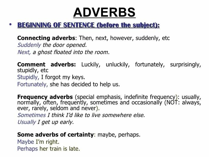 Adverbial phrases в английском. Sentence adverbs. Position of adverbs. Types of adverbs in English. Help adverb