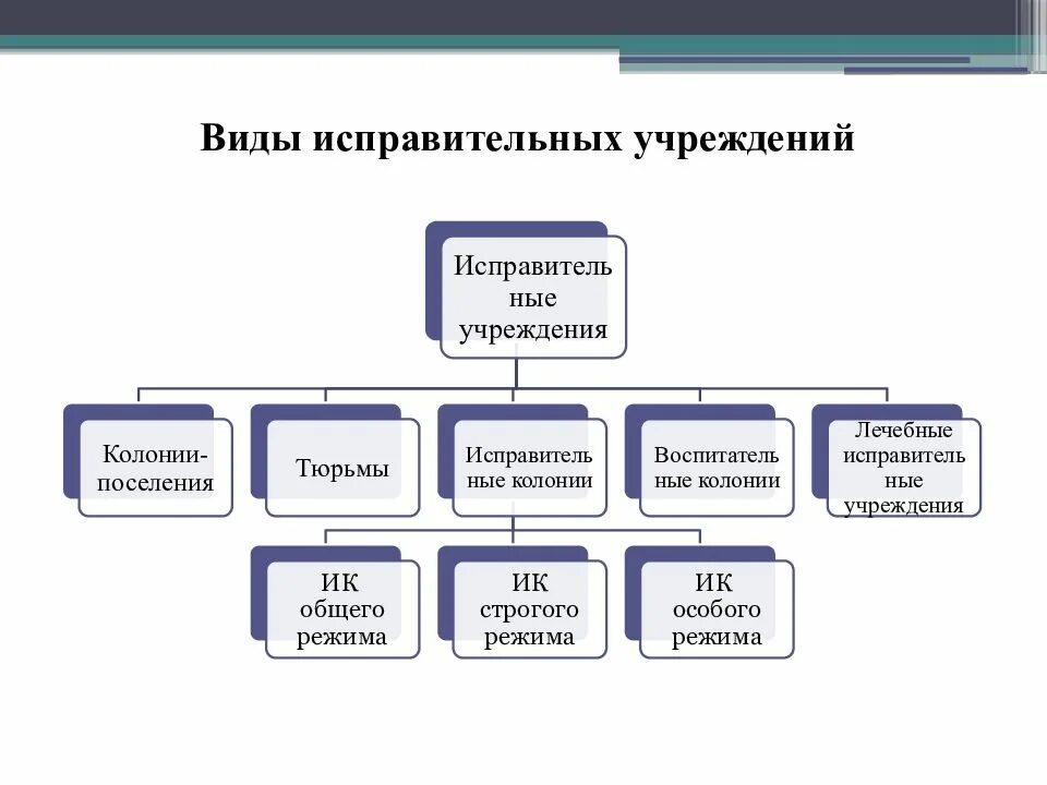 Виды исправительных учреждений схема. Исправительные учреждения видя. Виды исправительных учреждений таблица. Виды пенитенциарных учреждений.