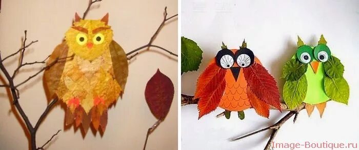 Сова из листьев аппликация. Сова из листьев. сова на ветке из листьев.
