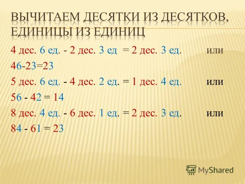 10 5 до десятков. Десятки вычитаем из десятков единицы из единиц. Вычитание из единицы. Единицы вычитают из единиц десятки вычитают из десятков. 1 Дес 1 ед.