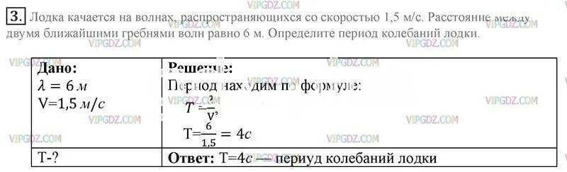 Лодка качается на волне с частотой. Лодка качается на волнах распространяющихся со скоростью 4. Лодка качается на волнах распространяющихся со скоростью 1.5. Определите период колебаний лодки. Формула период колебаний лодки.