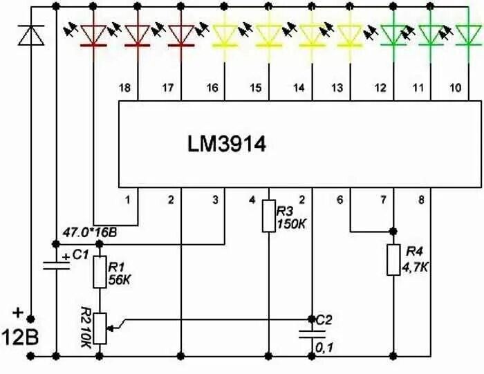 Lm3914 индикатор уровня заряда. Lm3914 индикатор заряда аккумуляторов. Индикатор напряжения на lm3914. Автомобильный индикатор напряжения lm3914. Схема светодиодного индикатора