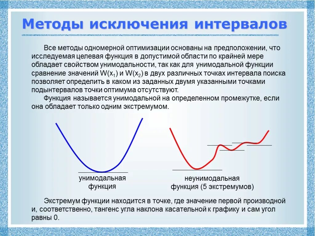 Методы одномерной оптимизации. Унимодальная функция пример. Методы исключения интервалов. Методы однопараметрической оптимизации.