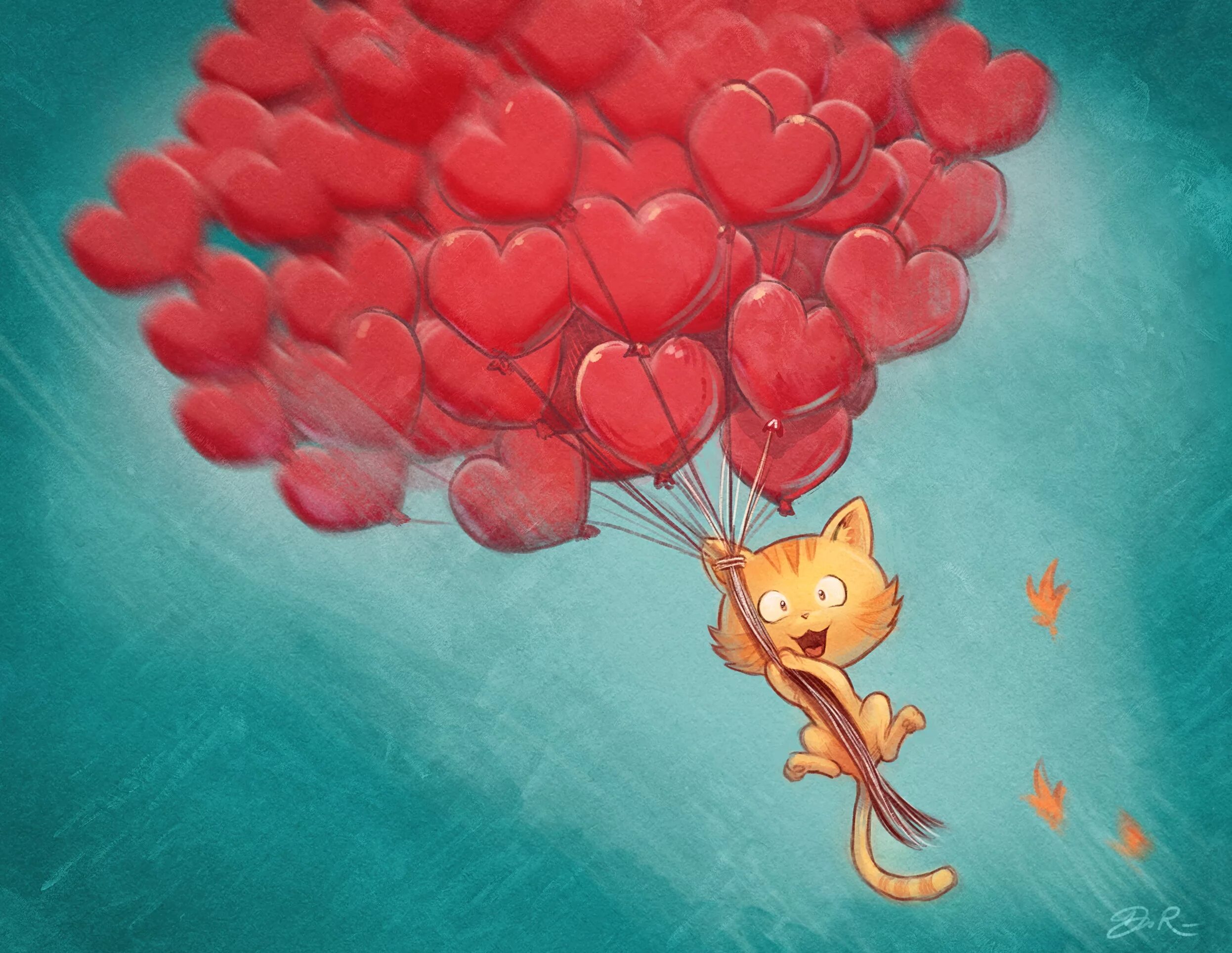 Кошка с воздушными шариками. Котенок с сердечком. Красивое сердечко рисунок. Котёнок с шариком. Кот на воздушных шариках.