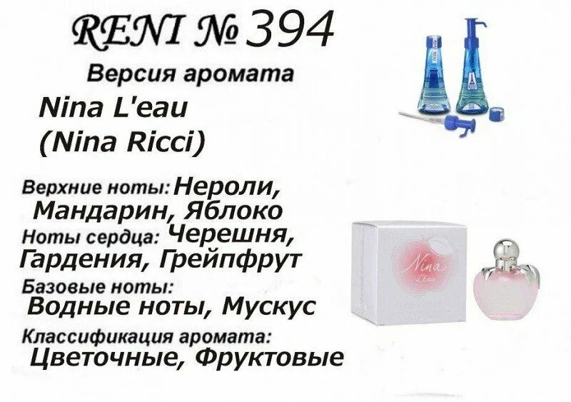 Рени сайт духи. Духи Рени Nina Ricci Nina. 394 Nina l'Eau (Nina Ricci) 100мл Рени. Рени Nina l'Eau (Nina Ricci) 100мл.