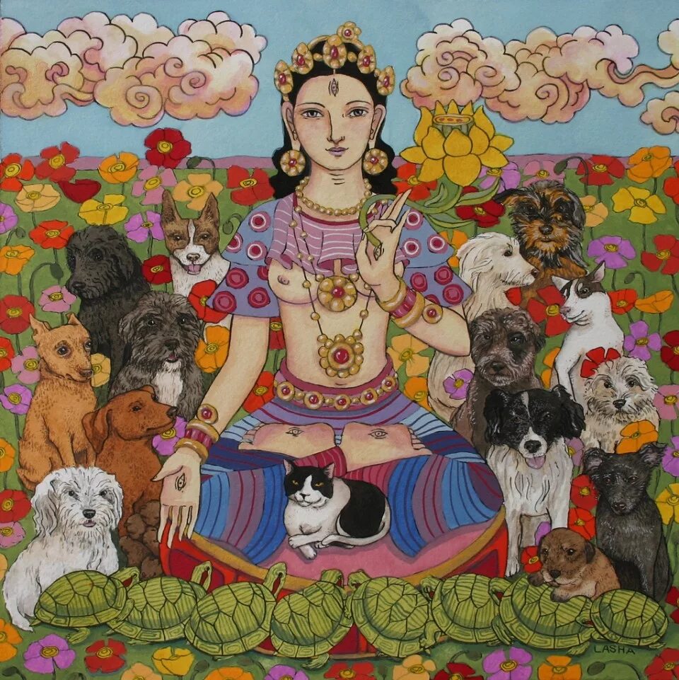 Тханка Шаматха. Мандала Дхьяни Будд. Будда и 12 животных. Будда и звери. Животные будды