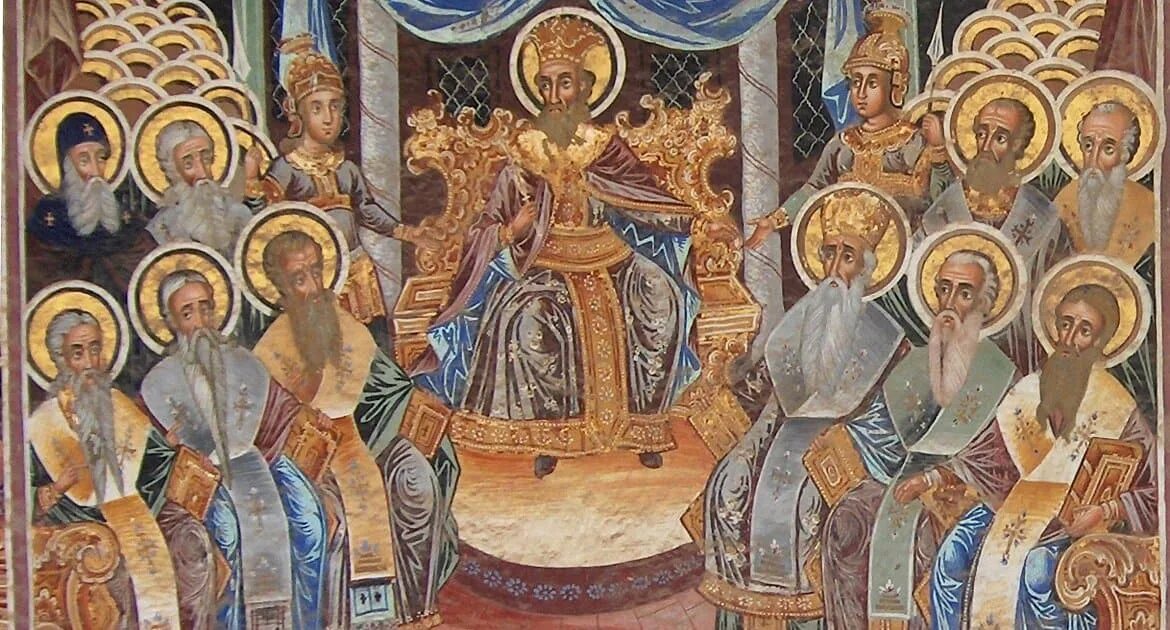 Седьмой вселенский собор икона. Vi вселенский собор. Дионисий фреска вселенский собор. Халкидонский вселенский собор. Никейский собор 325.