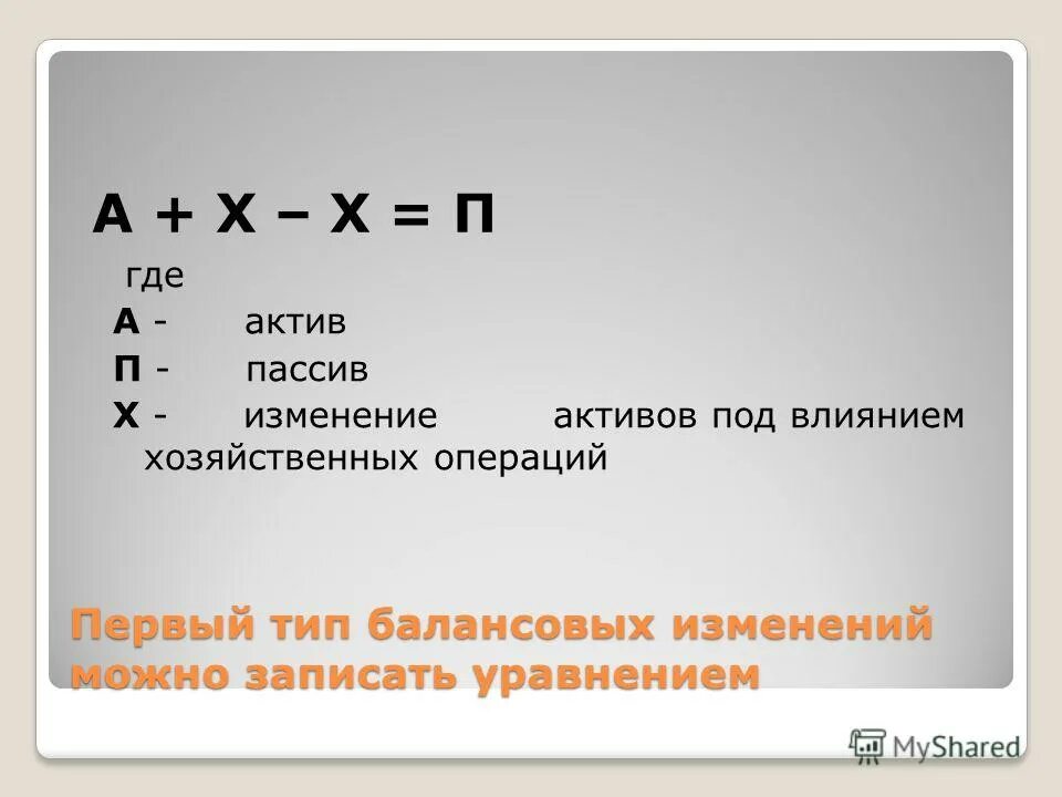 Типы изменений под влиянием хозяйственных операций. Первый Тип балансовых изменений. Четвертый Тип балансовых изменений отражается уравнением. Операции первого типа балансовых изменений.