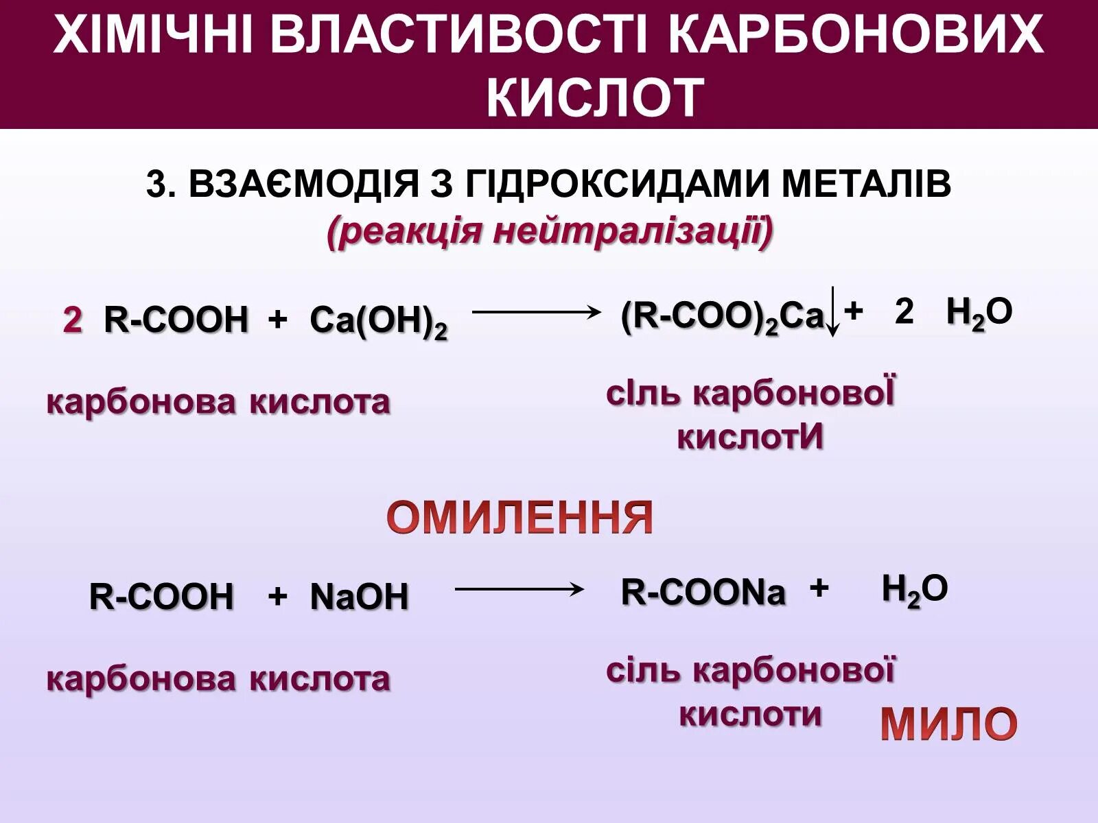 Реакция карбоновых кислот с солями. Реакція нейтралізації. Карбонатная кислота. Хімічні властивості солей. Взаємодії етанової кислоти з етанолом.