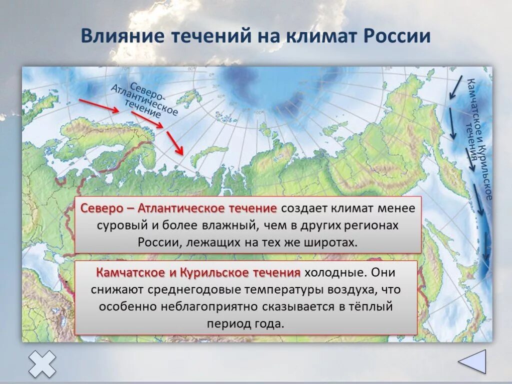 Какое океаническое течение оказывает наибольшее влияние. Климат России. Течения влияющие на климат России. Влияние течений на климат. Формирование климата на территории России.