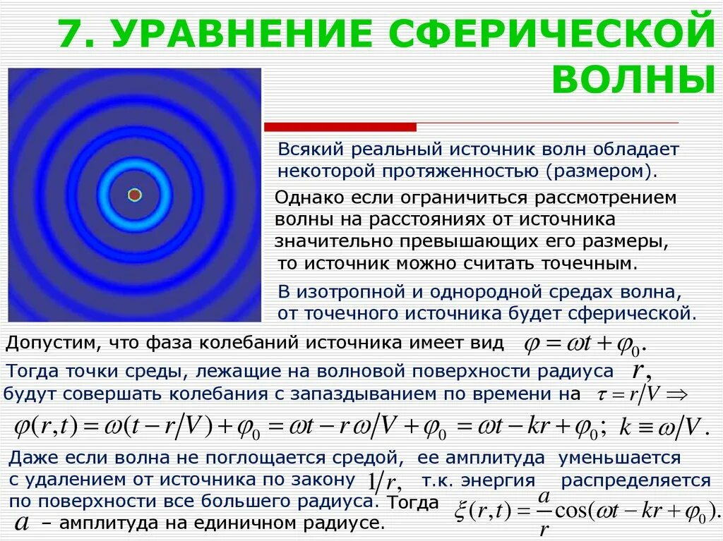 Точечным можно считать источник. Сферический фронт волны. Источник сферической волны. Стоячая сферическая волна. Уравнение сферической волны.