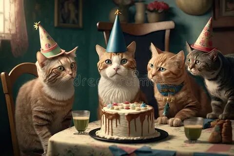 Cat in Birthday Caps Sit at Party. 