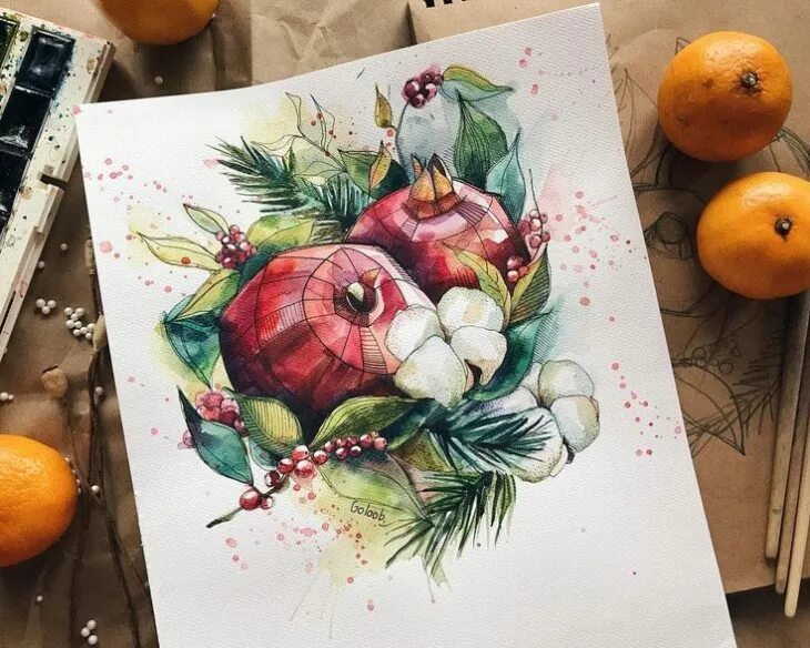 новогодняя открытка маркерами для скетчинга. рождественские скетчи акварелью. скетч рисунок новый год. новогодние открытки акварелью. открытки на нг маркерами.