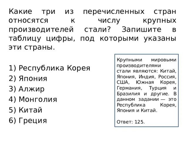 Крупнейшим производителем стали является. Какие три из перечисленныхстран три страну. В каких трех из перечисленных стран. Какие три из перечисленных стран являются крупными производителями. Определи какие три из перечисленных стран являются странами.