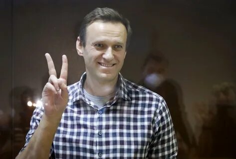 Russian opposition leader Alexei Navalny gestures as he stands in a cage in...