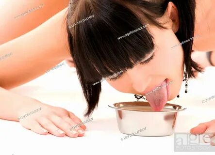 Stock Photo - picture of naked woman drinking milk from cat bowl.
