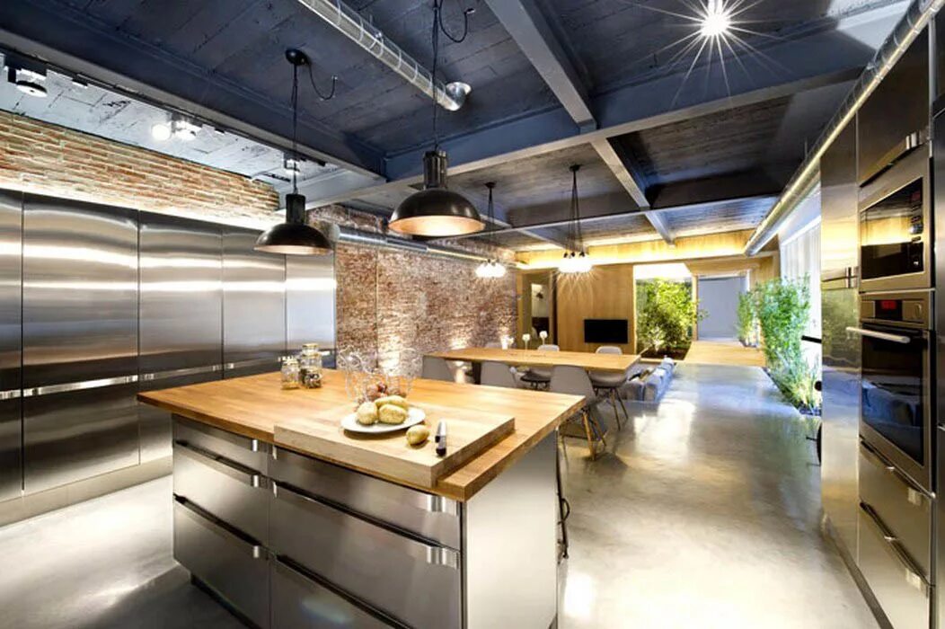 Монолитный потолок. Потолок в стиле лофт. Потолок в стиле лофт индустриал. Кухня в стиле лофт. Потолок лофт кухня.