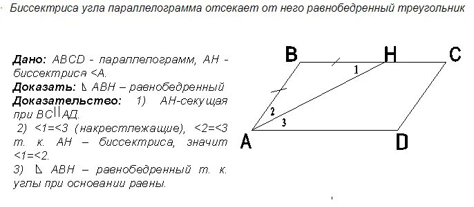 Биссектриса проведенная из вершины параллелограмма. Биссектриса угла параллелограмма. Свойства биссектрисы параллелограмма. Доказательство биссектрисы параллелограмма. Биссектриса угла в параллелограмме отсекает.