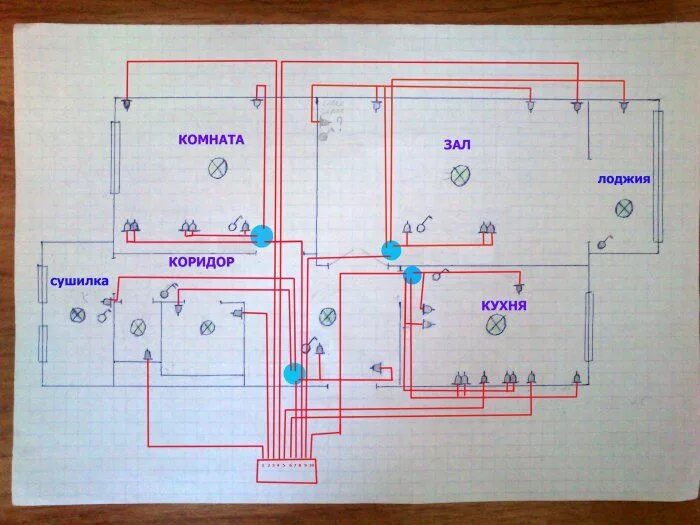 Электропроводка комнаты. Монтажная схема электропроводки в брежневке. Электрическая схема квартирной электропроводки. Схема разводки электропроводки в квартире 2 комнаты в панельном. Проводка электрики в квартире схема.