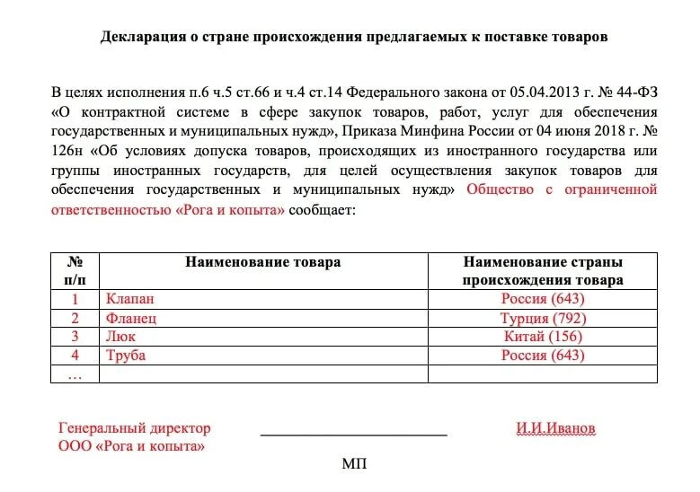 Образец декларации 44 фз. Декларация стран. Декларация о стране происхождения товара. Страна происхождения товара Россия. Письмо о стране происхождения товара.