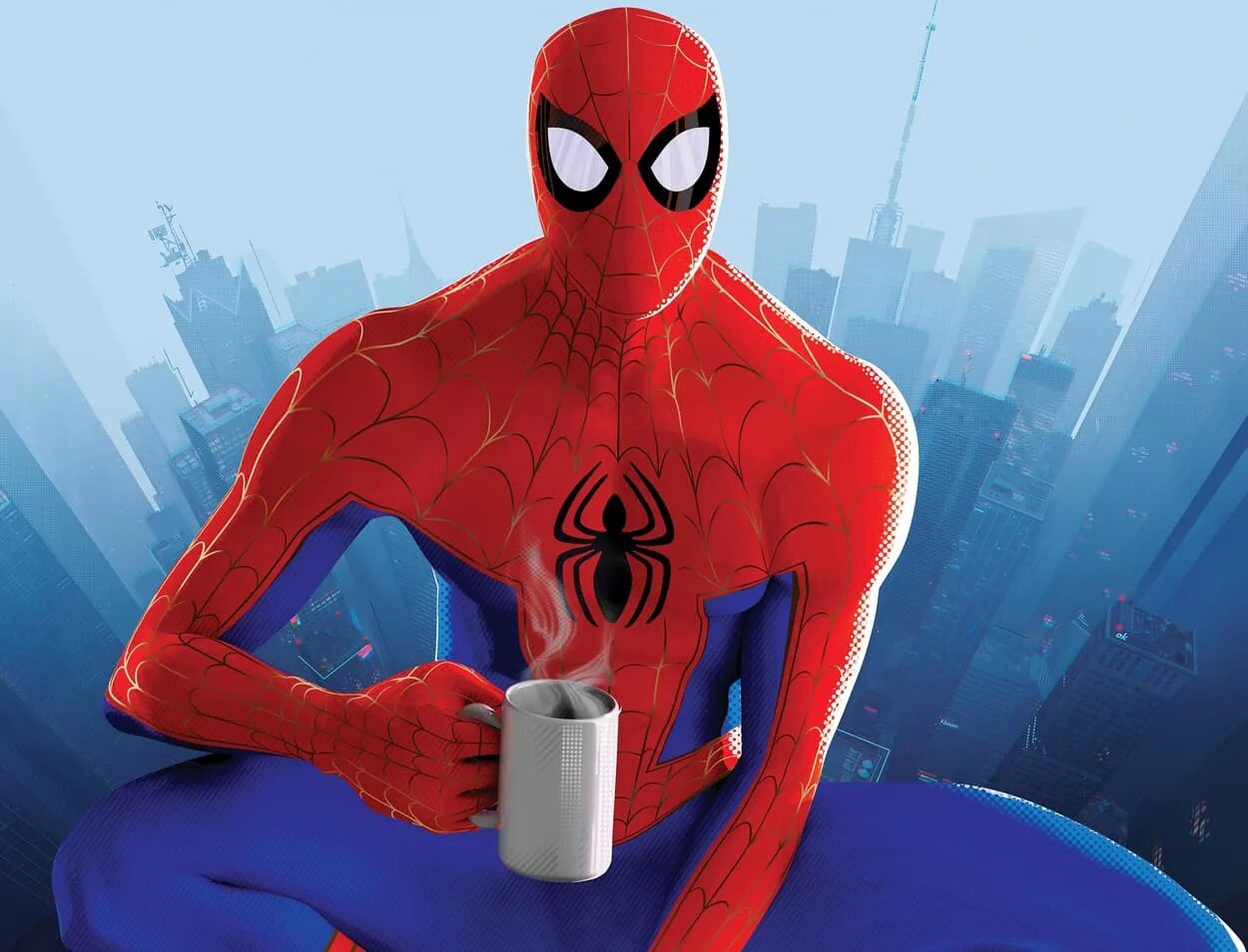 Человек паук утро. Peter parker into the spider verse. питер паркер из человека паука через вселенные. паук из мультфильма. мультик про человека в синем костюме.