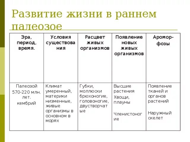 Ароморфозы эры палеозой. Очновныеорганизмы в раннем полеозоле. Палеозойская Эра периоды таблица. Развитие жизни в палеозое таблица.