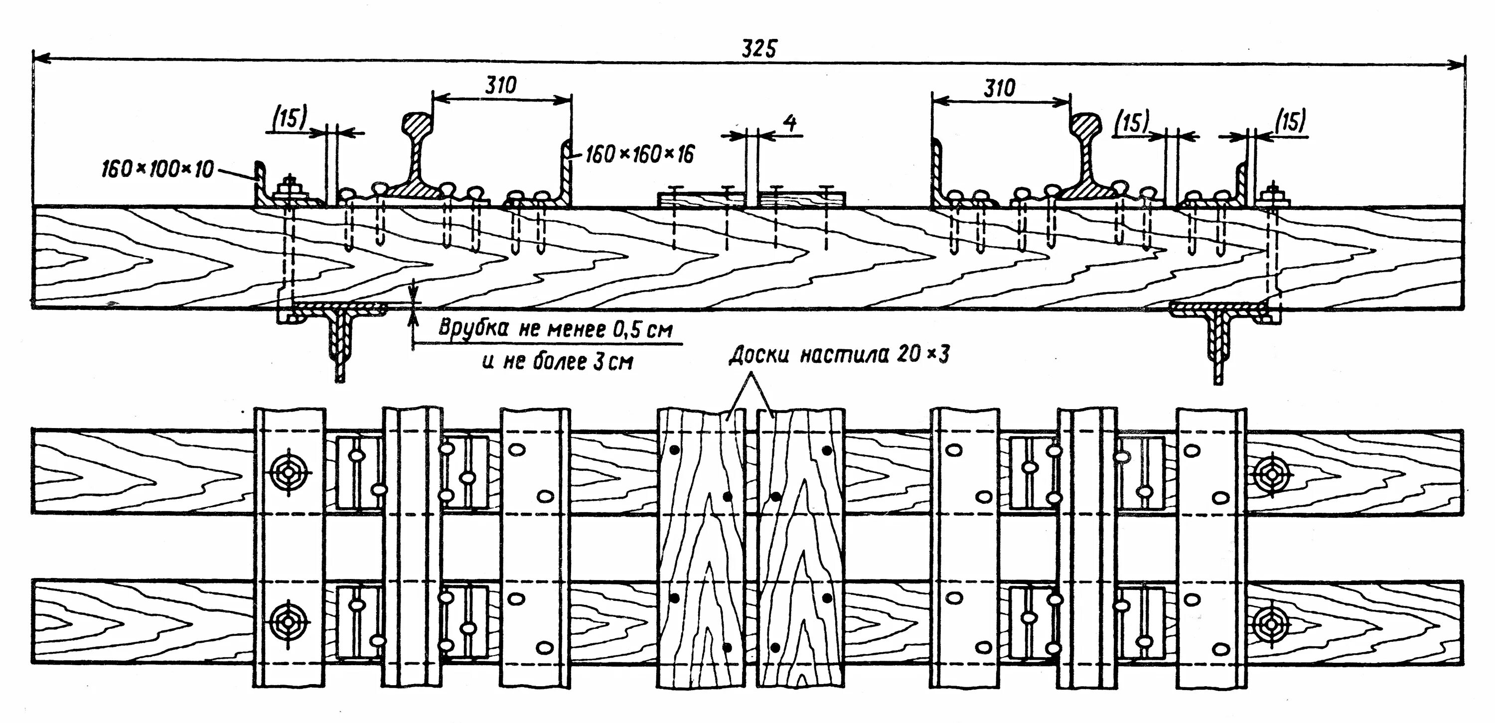 Через какое расстояние к шпалам крепятся перемычки. Чертеж шпала bf70. Крепление ЖД рельса 1900. Рельсовый путь на мостовых брусьях схема. Шпала европейская чертеж.