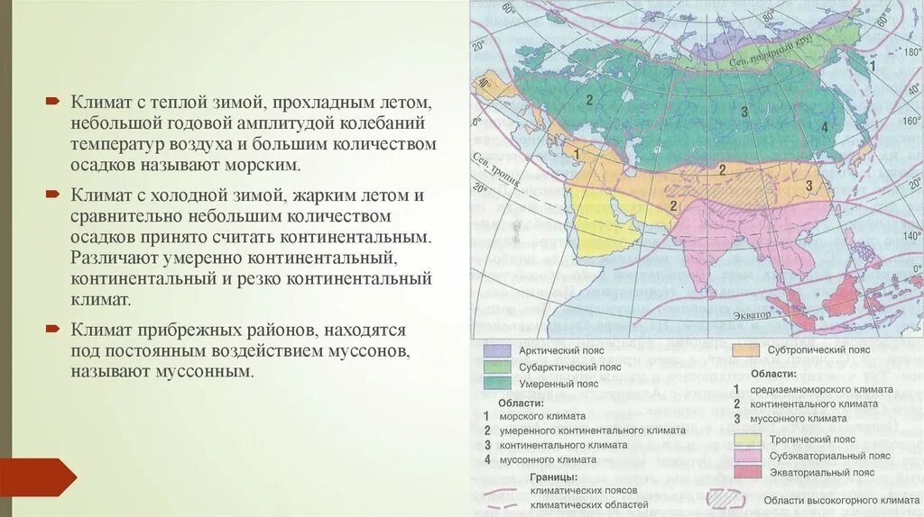 Евразия умеренно континентальный. Область субтропического климата. Морской климатический пояс. Муссонный климат умеренного пояса. Климатические области субтропического пояса.