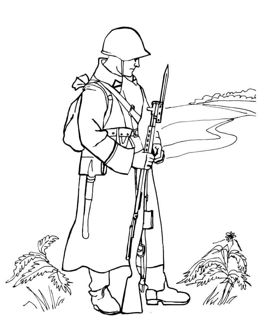 Солдат раскраска для детей. Эскиз рисунка на военную тему. Раскрашивать солдата