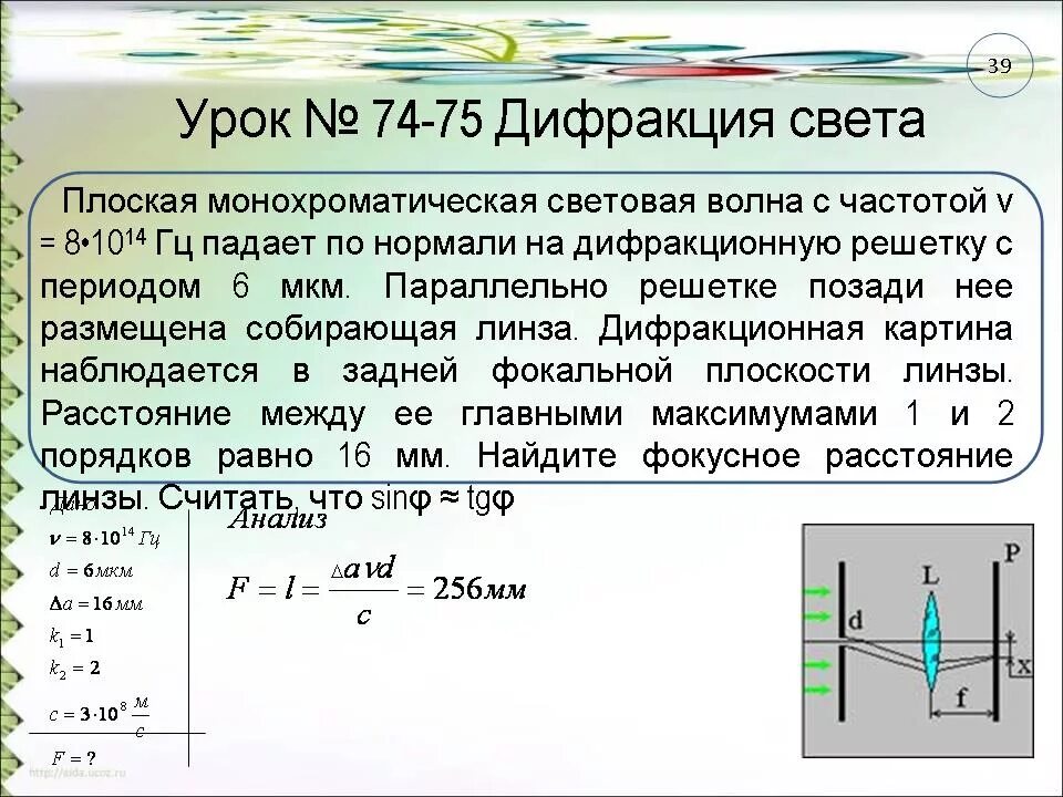 На дифракционную решетку с периодом d перпендикулярно. Дифракционная решетка волны. Период дифракционной решетки. Задачи на дифракционную решетку. Дифракционная решетка и линза.