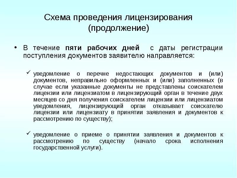 В течение 25 рабочих дней. Список недостающих документов. В течение пяти рабочих дней. В течении 5 рабочих дней. Как проводится лицензирование.