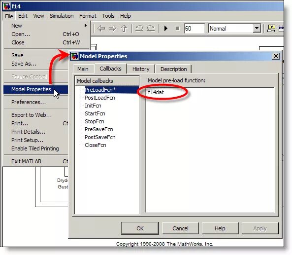 Load properties. Назначение диалога model properties. Load Matlab. Exit Matlab. Matlab 2022 меню выбора файлов.