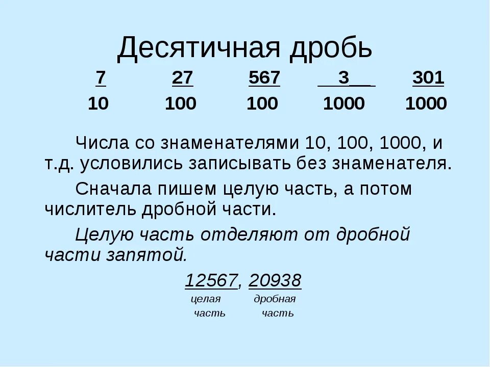 Десятичные дроби со знаменателем 100. Десятичная запись дробей. Обыкновенная дробь в виде десятичной. Правило записи десятичных дробей.