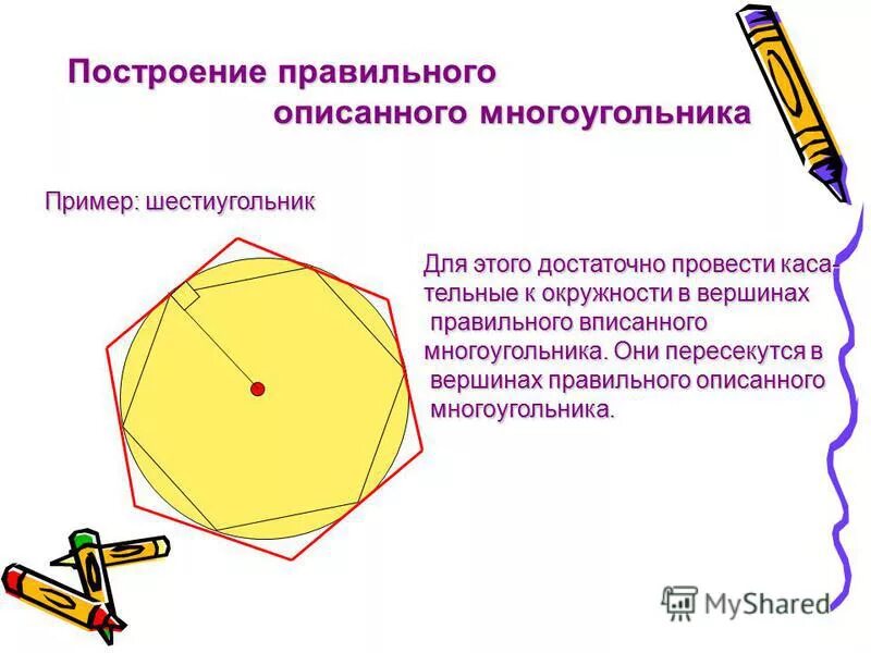 Вершина шестиугольника. Построение правильного описанного многоугольника. Построение правильных многоугольников. Опишите построение правильного шестиугольника. Вершины правильного многоугольника.