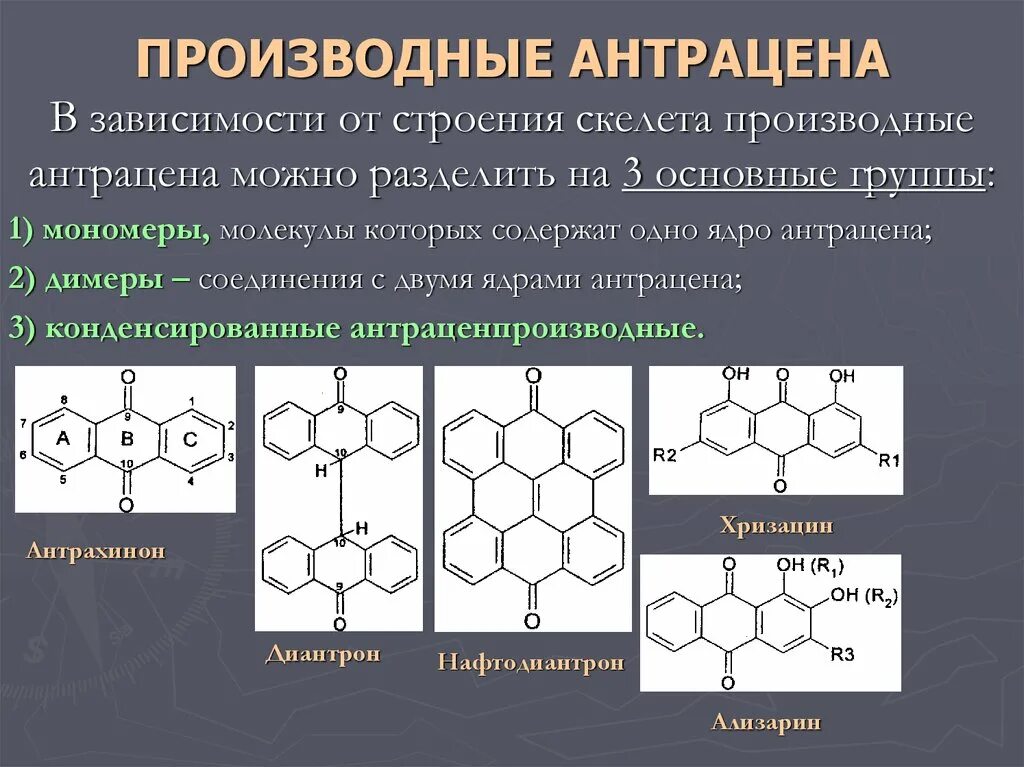 Производные группа соединений. Строение антрацена. Антраценпроизводные классификация. Конденсированные производные антрацена. Производные антрацена формулы.