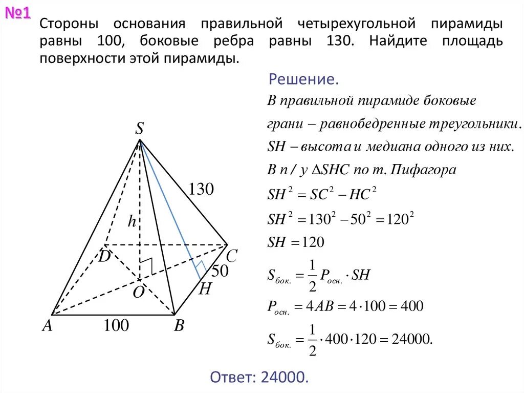 Площадь боковой поверхности правильной четырехугольной пирамиды. Основание правильной четырехугольной пирамиды. Сторона основания правильной четырехугольной пирамиды. Решение задач по теме пирамида 10 класс с решением. Решение задачи правильной пирамиды
