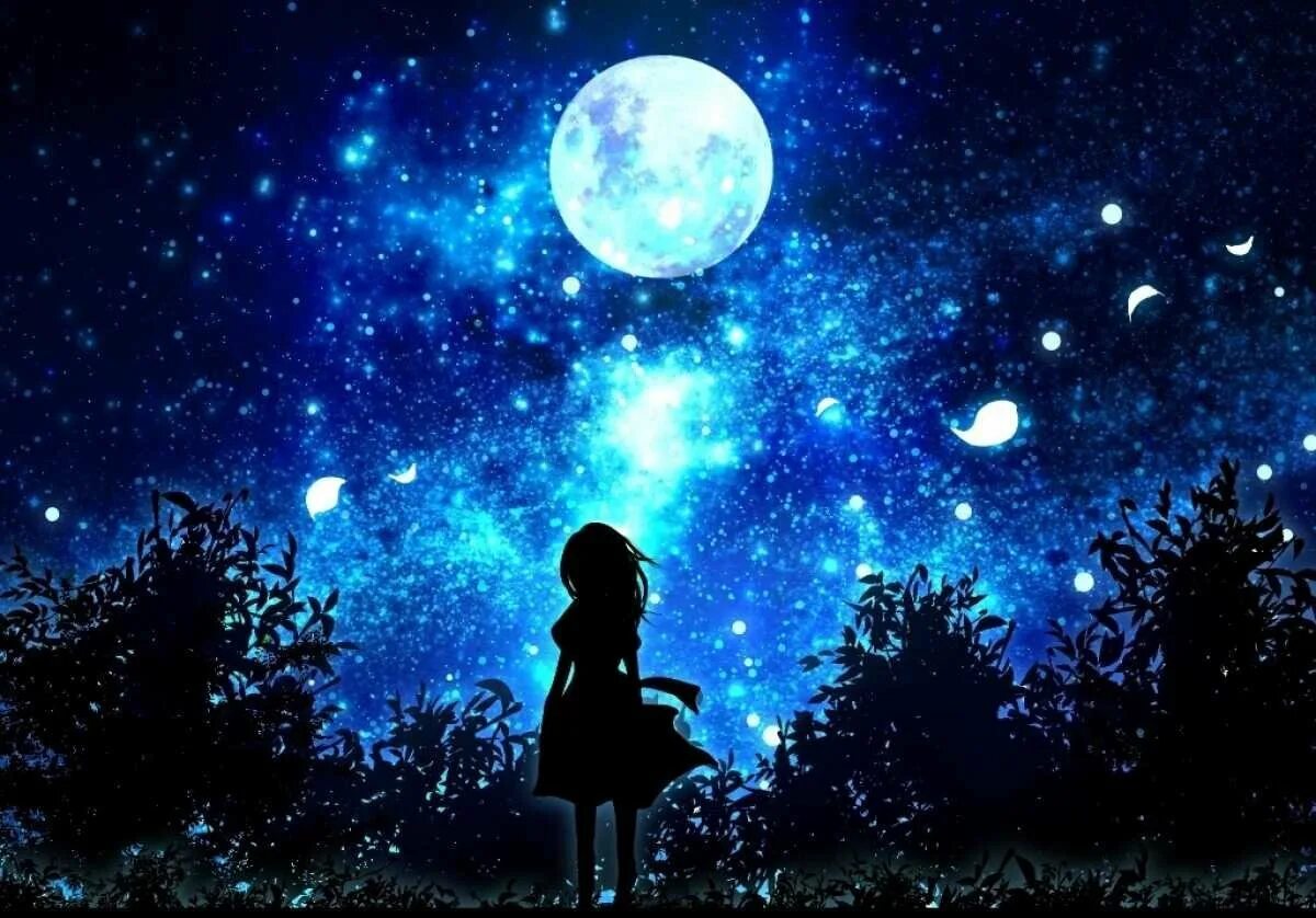Увидеть вечером звезду. Красивая ночь. Звездное небо с луной. Луна и звезды. Девочка и звезды.