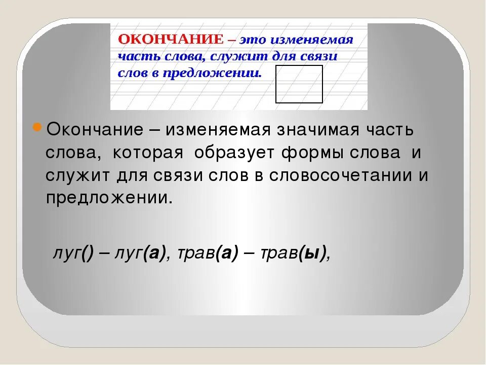 Нулевая основа. Окончание. Окончание это изменяемая часть слова. Значимая часть слова которая образует формы слова это. Формы слова окончание.