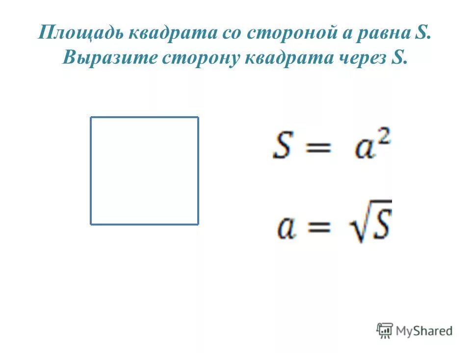 Площадь квадрата со стороной 6 см. Сторона квадрата через площадь. Площадь квадрата. Формула стороны квадрата через площадь. Площадь квадрата через.