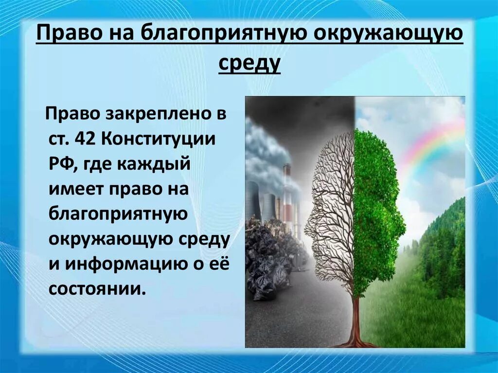 Право граждан рф на благоприятную среду. Право на благоприятную окружающую среду. Право ЧЕЛОВЕКАЕА благоприятную окружающую среду. Право на благоприятную окружающую среду экологическое право.